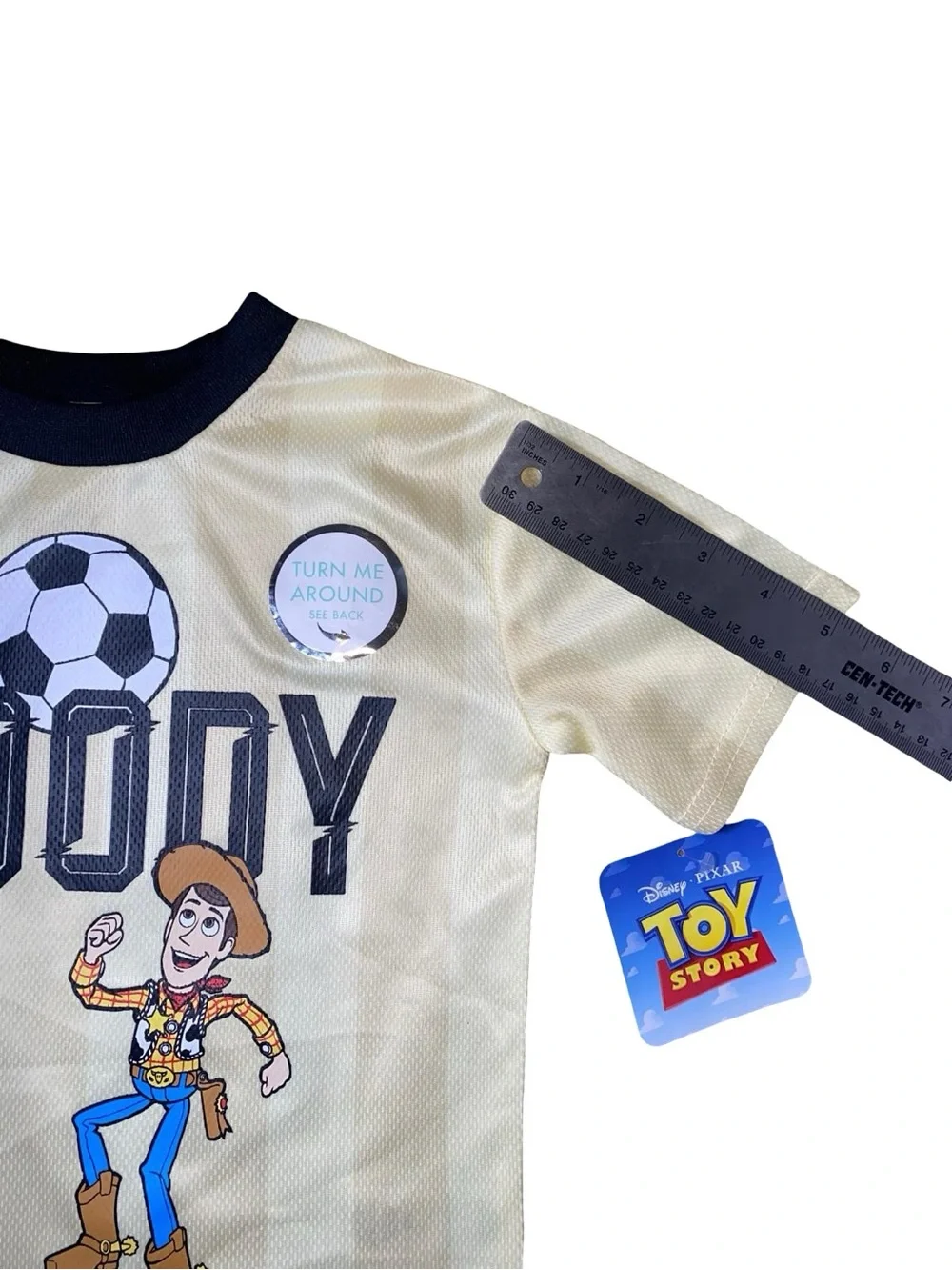 NWT Disney Pixar Toy Story Woody Soccer Jersey Shirt Boys Size 2T Yellow Black